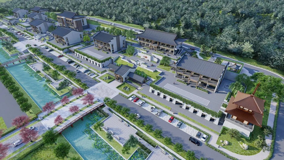 依约富贵山庄鸟瞰效果图：水道旁一排排新中式建筑与园区