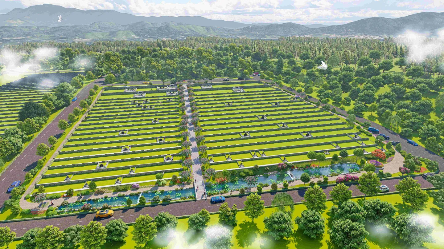 加叻富贵山庄鸟瞰效果图：山谷里一片片草坪墓园，河流与道路穿过，远处是山