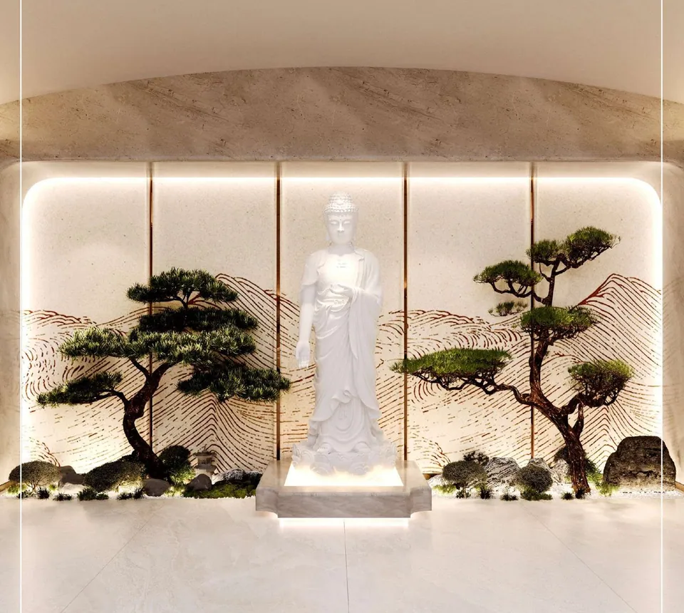 NEXUS 心宸骨灰殿入口效果图：白色佛像立在两棵松树之间，背后是金色山纹墙