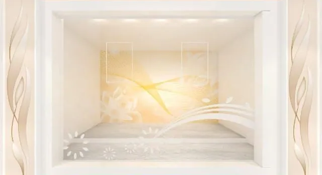 NEXUS 心宸位内效果图：米白位内，后墙是金色莲花与流线纹，前缘有白色波纹