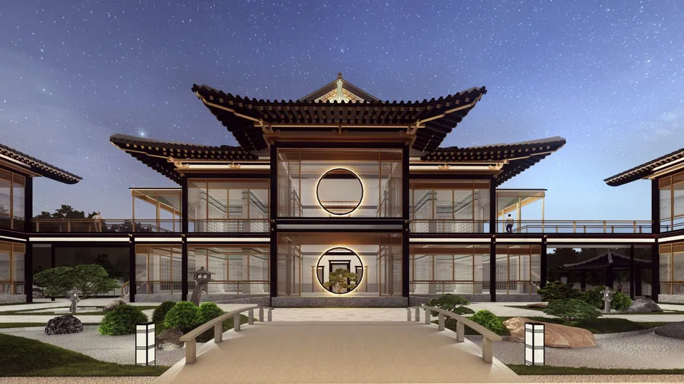 宋城正面夜景效果图：两层宋式殿堂，中间是月洞门