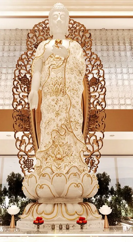 Nirvana 3 中庭的白色阿弥陀佛立像效果图：金色镂空背光，莲花座前供着红色供品