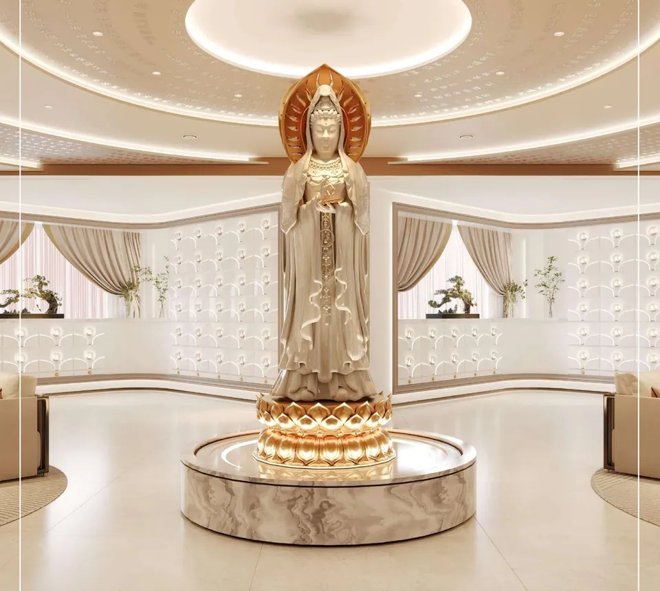 VENUS 光曜骨灰殿效果图：圆形大厅中央金色莲座上的观音立像，四周白色骨灰位与沙发